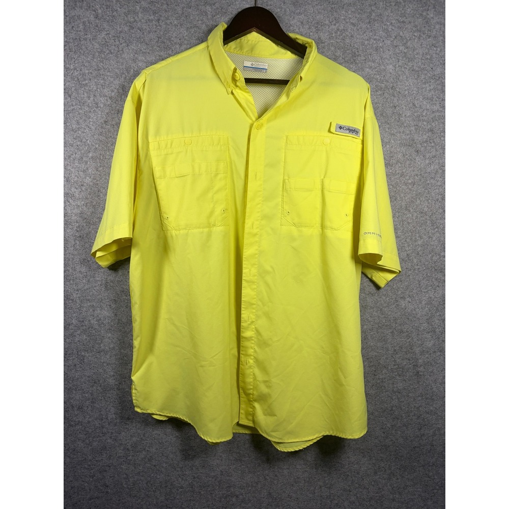 Columbia‎ PFG Tamiami II Fishing Shirt Mens Large Yellow Short Sleeve Omni-Shade